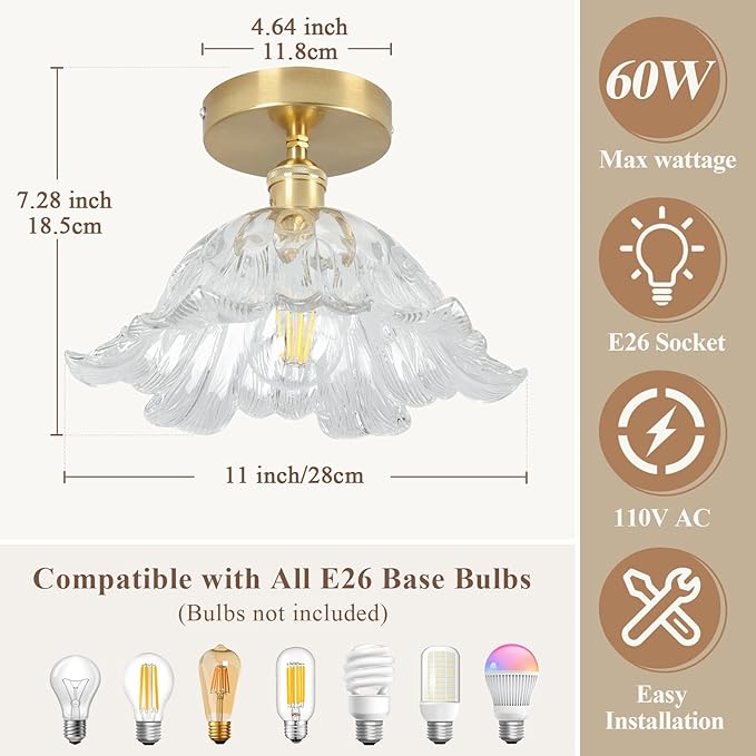 Semi Flush Mount Ceiling Light,Hallway Vintage Lights Fixture Ceiling Transparent 11" E26 Vintage Light Fixtures for Closet Hallway Kitchen Dining Room