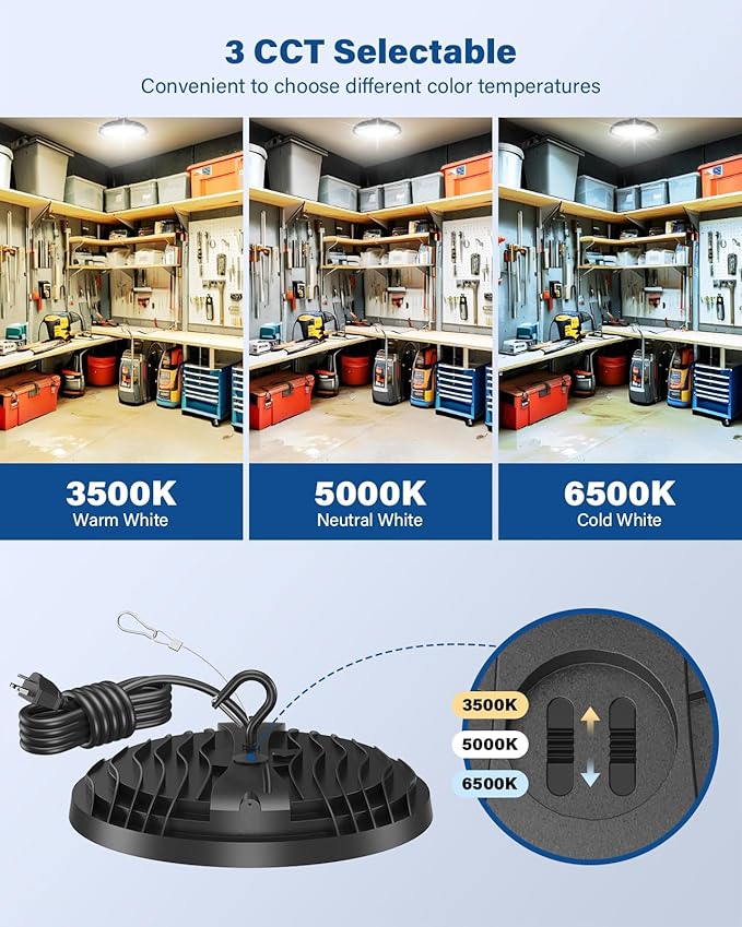 2 Pack 150W UFO LED High Bay Light, Adjustable Color Temperature 3500K/5000K/6500K, 21,000LM, 120VAC, LED Shop Lights, Plug & Play Lighting Fixture for Warehouses, Workshops, Garages, and Barns