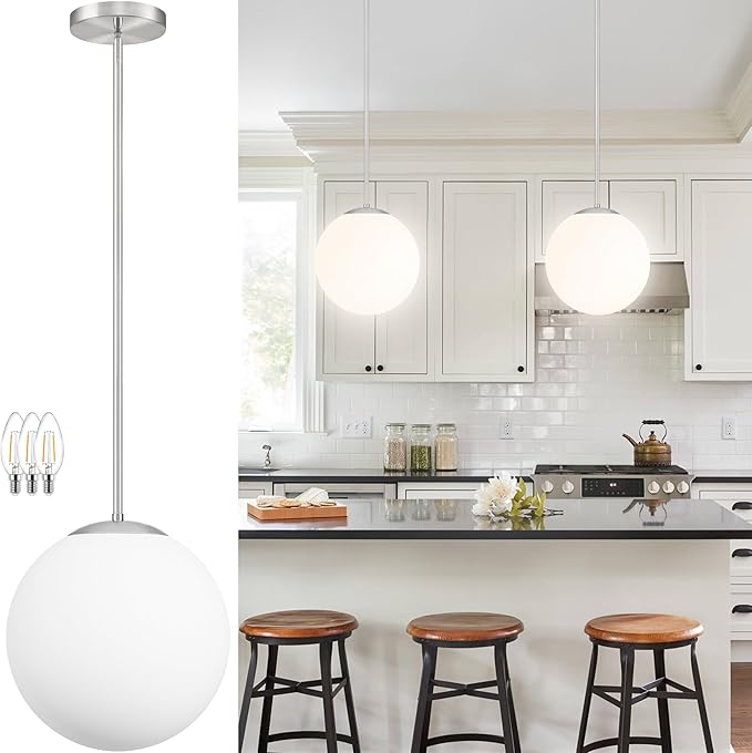Bagood 14 Inch Globe Pendant Light Nickel Large Globe Pendant Lights Kitchen Island Mid Century Light Fixture with Milky White Glass Adjustable Hanging Lights for Living Room Foyer (Bulb Included)