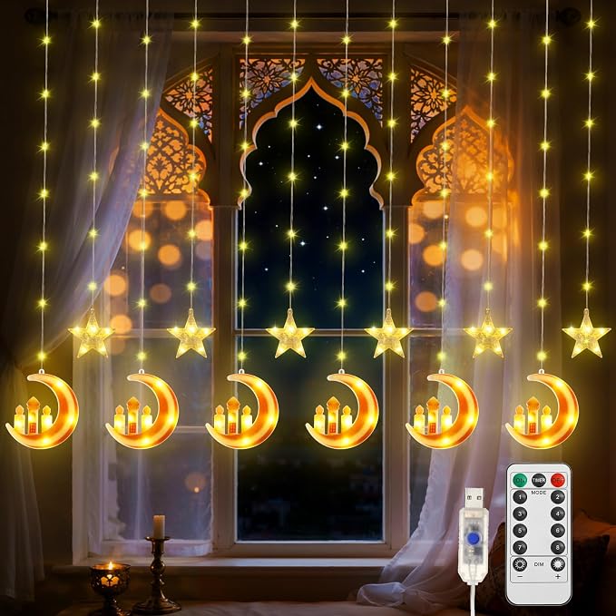 Lewondr Ramadan Curtain String Lights, 138 LED Moon Castle Star Fairy Lights with 6H Timer, 8 Modes, Remote Control, USB Powered Curtain String Light, Eid Mubarak Decorations for Ramadan Home, Orange