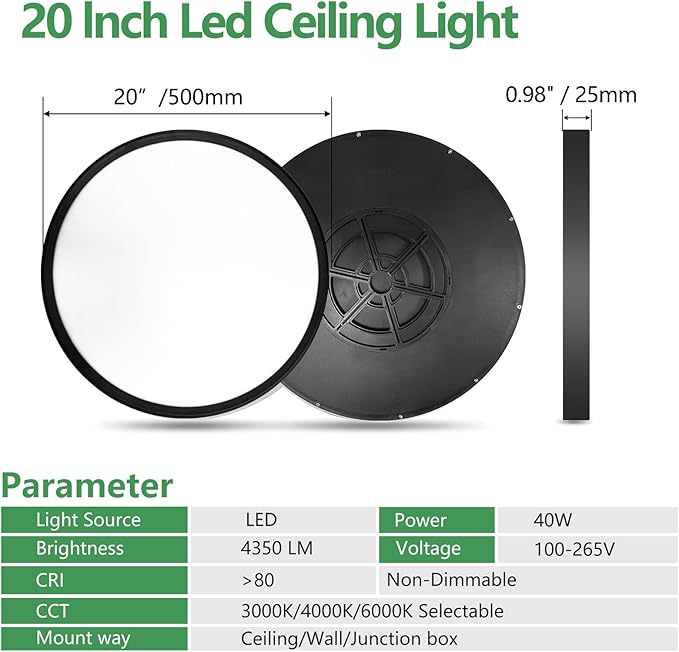 20 Inch Large LED Flush Mount Ceiling Light, 40W, 4350LM, 3000K/4000K/6000K CCT Selectable, Black Round Flat Panel Light, Fits for Hallway, Kitchen, Bedroom, Laundry Room
