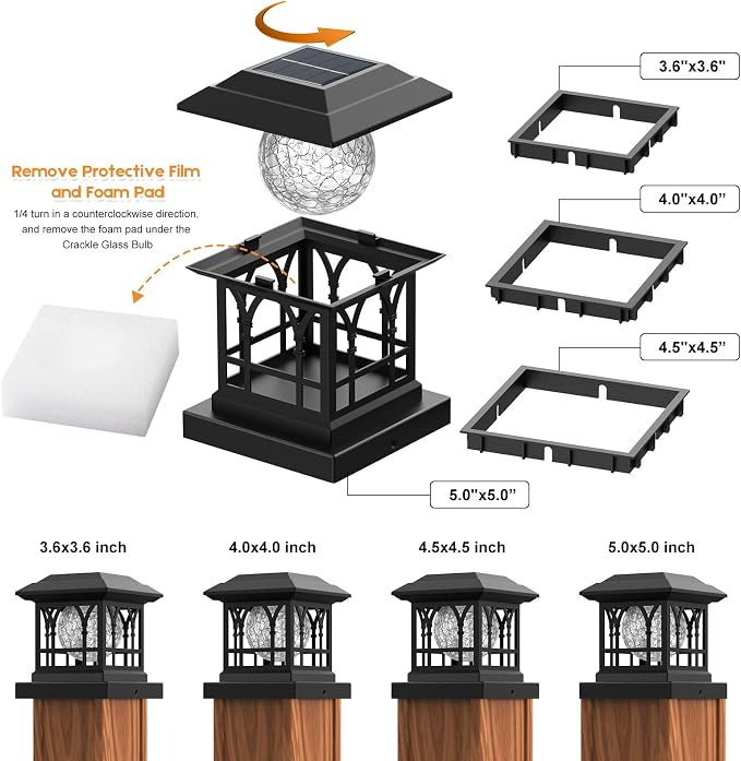 Fence Post Solar Lights, Crackle Glass Solar Post Cap Lights, 20 Lumens, Warm White & RGB Automatic Cycling 2 Modes for 3.6x3.6 4x4 4.5x4.5 5x5 Vinyl Wooden Posts Decoration, Black (12 Pack)