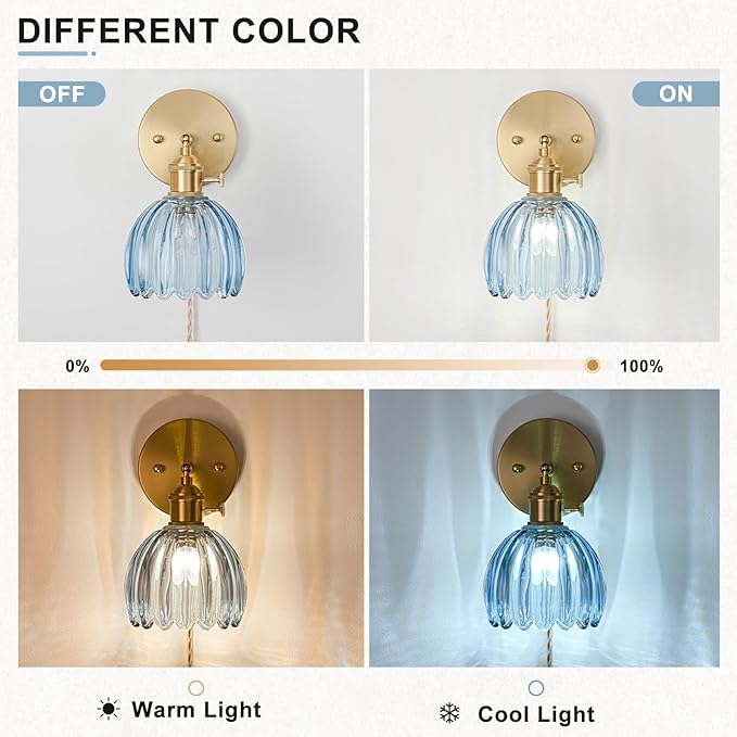 Plug in Wall Sconce, Vintage Sconce Light with Tulip Denim Blue Glass Lampshade, Bedside Wall Sconce with Switch and Plug in Wall Lamp Cord, Gold Wall Light for Bedroom