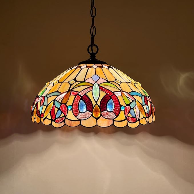 Capulina Tiffany Lamp Stained Glass Pendant Light 2-Light 16" Wide Cream Brown Tiffany Style Hanging Lamp for Kitchen Island Dining Room Hallway Foyer(Adjustable Height)