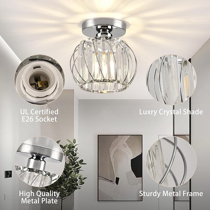 Crystal Semi Flush Mount Ceiling Light, Silver Crystal Chandelier for Kitchen, Hallway, Dining Rooms, Living Rooms, Bar, Farmhouse, 7.4 x 7.4 x 4.7 inches