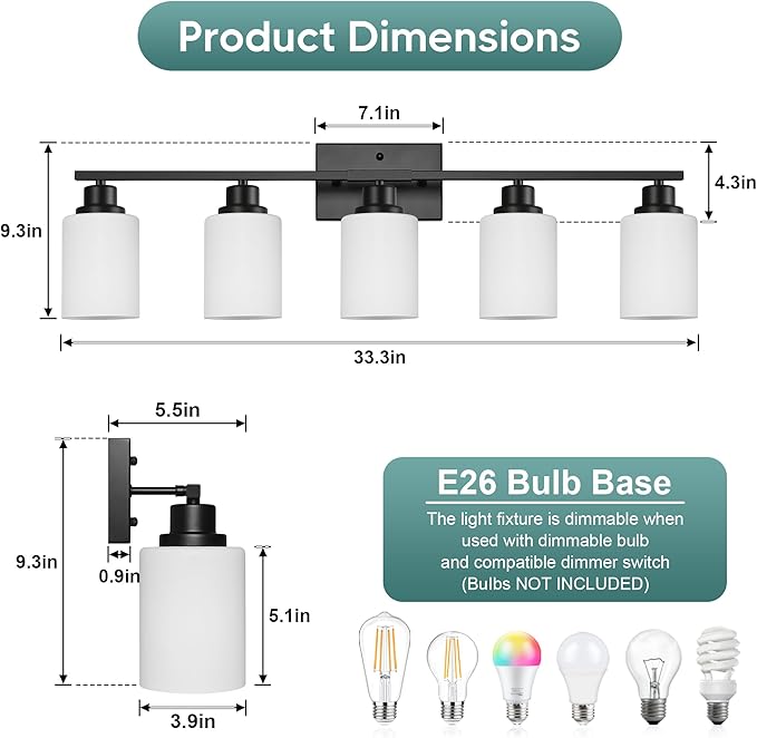 Ascher Bathroom Light Fixtures, 5-Light Vanity Light Over Mirror, Matte Black Wall Sconces with Milky White Frosted Glass Shades, Wall Lamp for Living Room Bedroom, E26 Base(Bulbs Not Included)