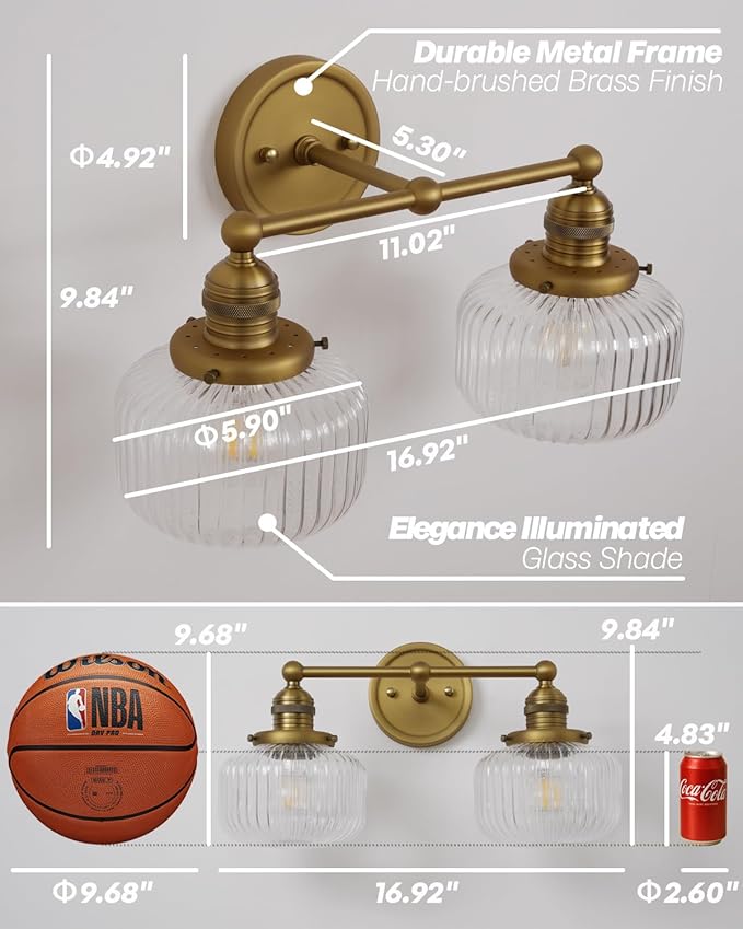 Double Vintage Wall Sconces 2-Lights Brass Gold Bathroom Vanity Light with Clear Striped Glass Shade Indoor Hardwire Wall Sconce Lighting for Bathroom Living Room Bedroom Kitchen