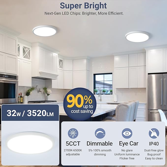 6 Pack 32W 3520LM Dimmable LED Flush Mount Ceiling Light, Ø15.8 Inch 5CCT Selectable (2700K-6500K), Slim Integrated Light Fixture for Kitchen Bedroom Laundry Hallway, White
