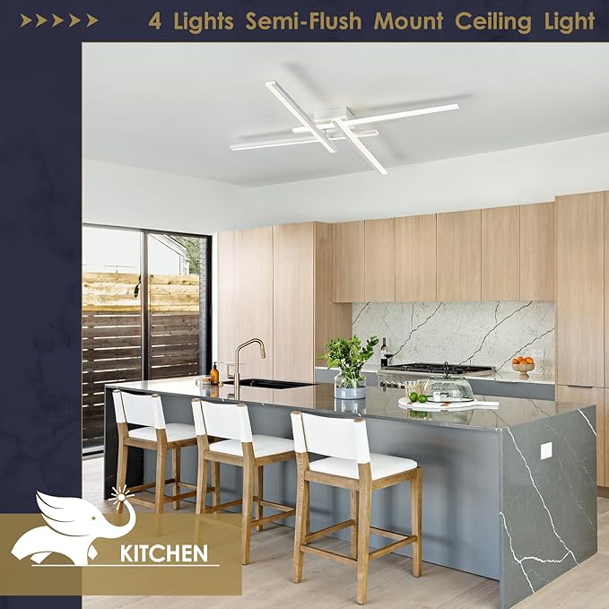 White Modern Led Chandelier 4-Lights Semi-Flush Mount Ceiling Lighting Fixture 35.4” Dimmable Remote Control Ceiling Light for Living Room Bedroom Kitchen Foyer