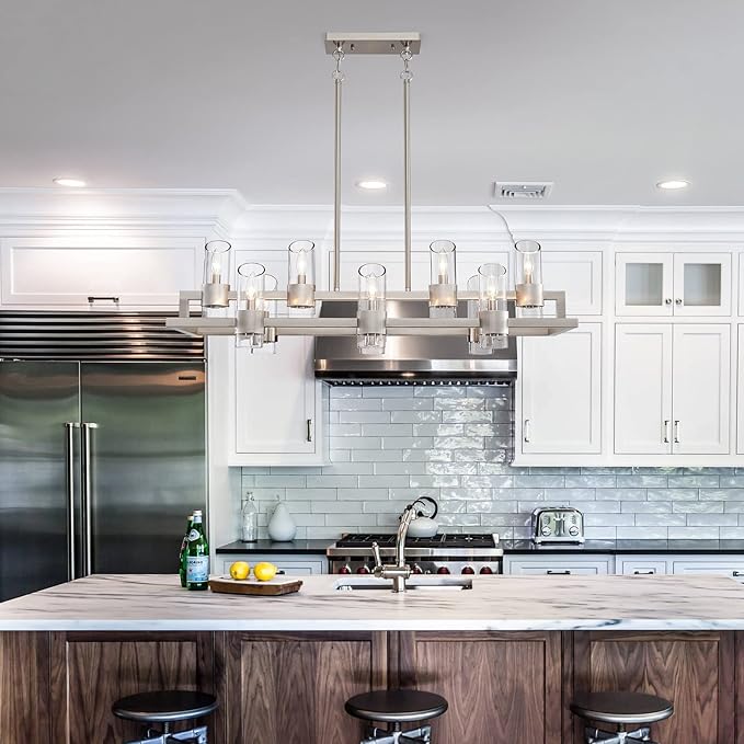 WUZUPS Island Rectangle Chandelier 10-Light with Clear Glass Industrial Modern Farmhouse Linear Light Fixture for Dining Room Kithen Island, Width 42.5" Height 10.4", Brushed Nickel