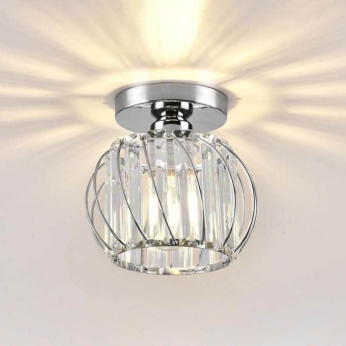 Crystal Semi Flush Mount Ceiling Light, Silver Crystal Chandelier for Kitchen, Hallway, Dining Rooms, Living Rooms, Bar, Farmhouse, 7.4 x 7.4 x 4.7 inches