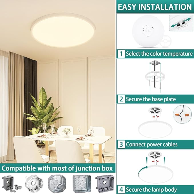 12Inch LED Flush Mount Ceiling Light – 24 W 2400 LM Dimmable, 3-CCT Changeable (3000K/4000K/6000K), Ultra-Thin Modern Round Light Fixture for Kitchen, Dining Room, Bedroom, Office