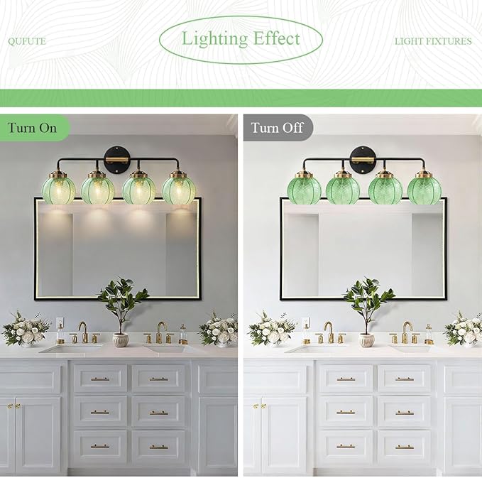 Modern Vanity Light Bathroom 4-Light Fixtures Vintage Wall Lamp Emerald Green Glass Globe Shade Over Mirror Vanity Wall Lights Indoor Deco Lighting Fixture for Mirror Kitchen Cabinet