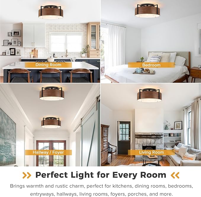 20'' Farmhouse Semi Flush Mount Ceiling Light, 4-Light Rustic Hallway Entryway Light Fixtures, Metal Wood Grain Finish Close to Ceiling Lights for Kitchen Dining Room Bedroom Living Room Foyer