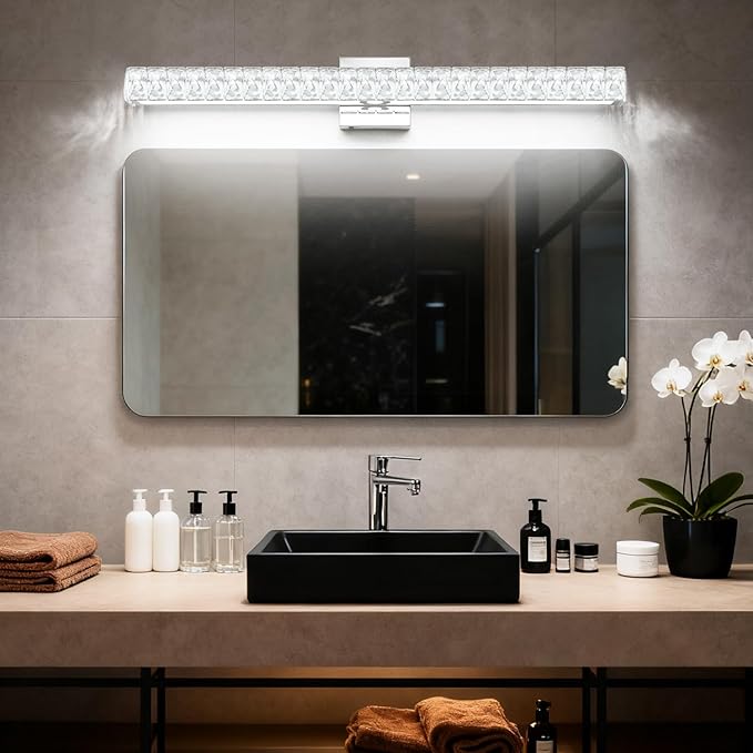 SOLFART Bathroom Vanity Lighting, Crystal Bathroom Light Fixtures Over Mirror LED Lights for Restroom, 32.5 Inch Chrome Light Over Mirror
