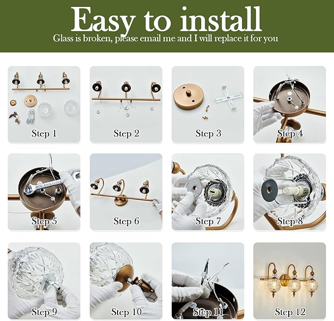 Piepooye Vintage Bathroom Lights Fixtures Gold Vanity Light with Glass Globe LampShade 3 Light Mid Century G9 Bulb Wall Sconce Indoor Vanity Light Over Mirror for Kitchen Bedroom Farmhouse Living Room