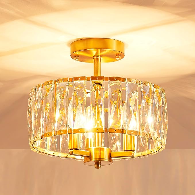 AGV LIGHTING CL003CO Crystal Semi Flush Mount Ceiling Light Fixture, E12 Base 3-Lights, D13 x H15, Copper Finish