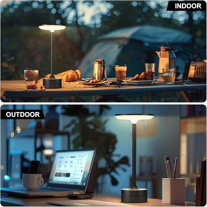 FRIDEKO HOME Cordless Table Lamp Portable LED Desk Lamp Battery Operated 3 Color Desk Light Stepless Dimming Night Light for Restaurant/Bedroom/Bars/Outdoor Party/Camping/Coffee Shop