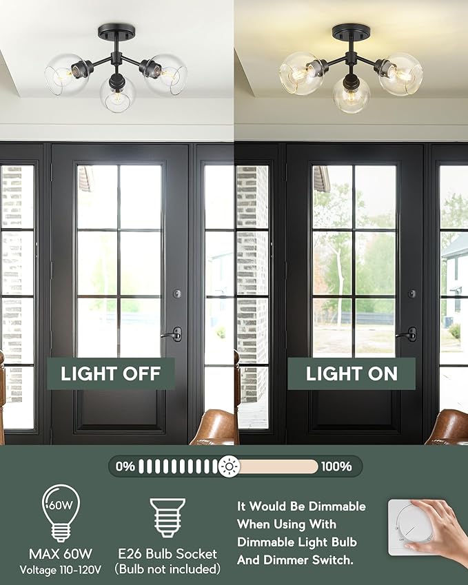 3-Light Semi Flush Mount Ceiling Light, Modern Light Fixtures Ceiling Mount with Globe Clear Glass Shade, Matte Black Light Fixtures for Kitchen Entryway Hallway Bedroom, SM195-MB-3