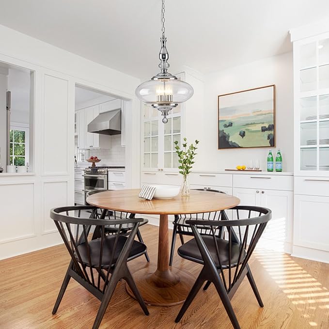 5 Light Chrome Chandelier Modern Glass Large Pendant Light H 27.5" x W 15.7" for Kitchen Island, Dining Room.E12 Bulb