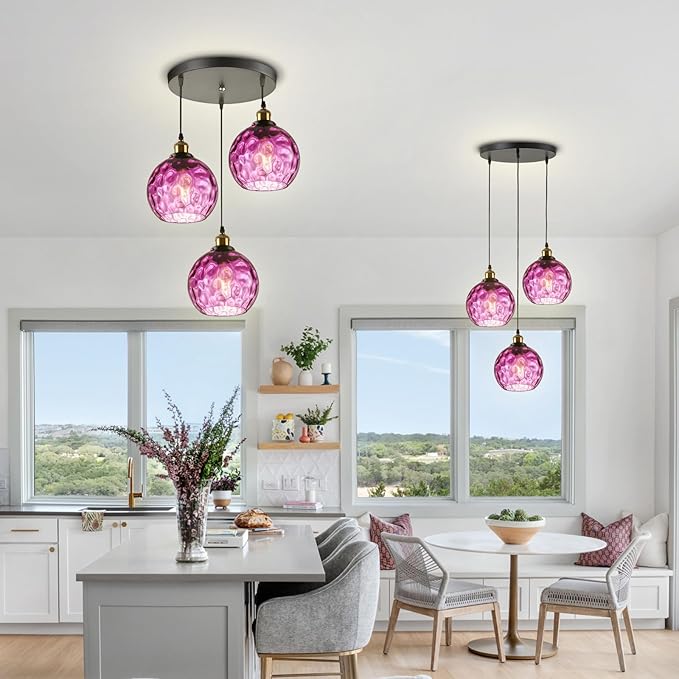 Mid Century Modern 3-Light Cluster Pendant, Hammered Purple Glass Globe Chandelier, Ceiling Hanging Light Fixture for Dining Room Table Kitchen Island Over Sink