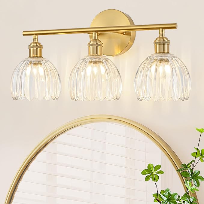Gold Bathroom Light Fixtures Over Mirror, 3 Light Bathroom Vanity Light Fixture with Tulip Transparent Glass Lampshade, Vintage Vanity Lights for Bathroom, Bathroom Vanity Lights Over Mirror
