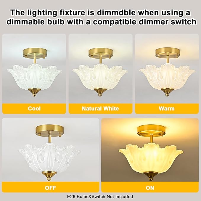 Semi Flush Mount Ceiling Light, Gold Vintage Light fixtures with Floral White Glass Shade, Modern Close-to-Ceiling Lighting for Bedroom Kitchen Living Room Hallway