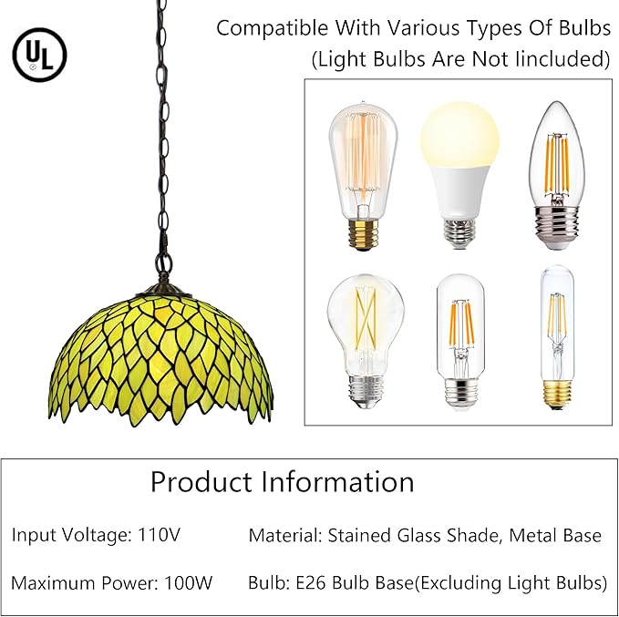 Tiffany Pendant Light Plug in Stained Glass Hanging lamp 12X12X181 Inch Hanging Lamp Living Room Bedroom Kitchen Dining Room Office(Yellow Wisteria)
