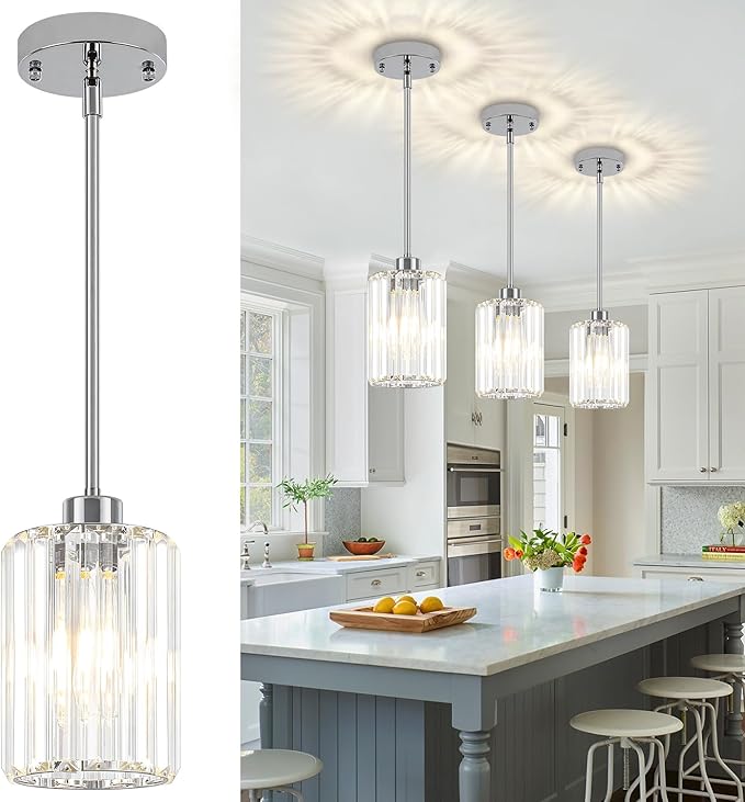 3 Pack Chrome Pendant Lights Kitchen Island, Modern Crystal Kitchen Pendant Lighting Over Island Adjustable Hanging Dining Room Light Fixtures Mini Pendant Light for Bathroom Hallway Bedroom Foyer