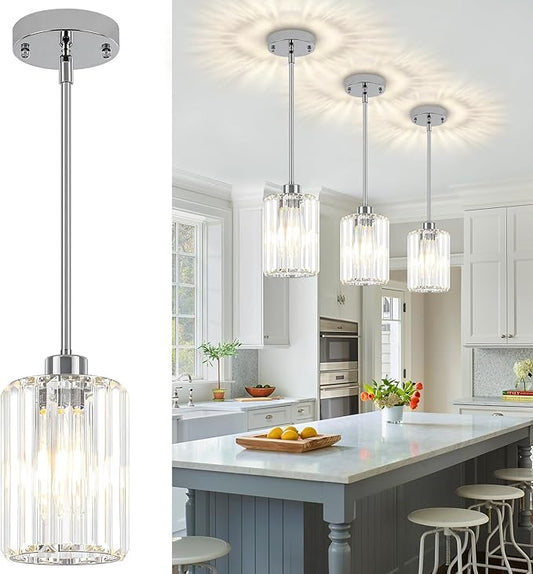 3 Pack Chrome Pendant Lights Kitchen Island, Modern Crystal Kitchen Pendant Lighting Over Island Adjustable Hanging Dining Room Light Fixtures Mini Pendant Light for Bathroom Hallway Bedroom Foyer