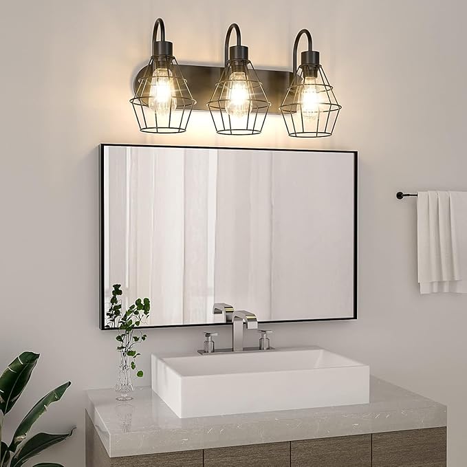 Retro Style Industrial Bathroom Vanity Light 3 Lights, Vintage Matte Black Wall Sconce with Caged, E26 Base Farmhouse Wall Light Fixture for Bathroom Vanity
