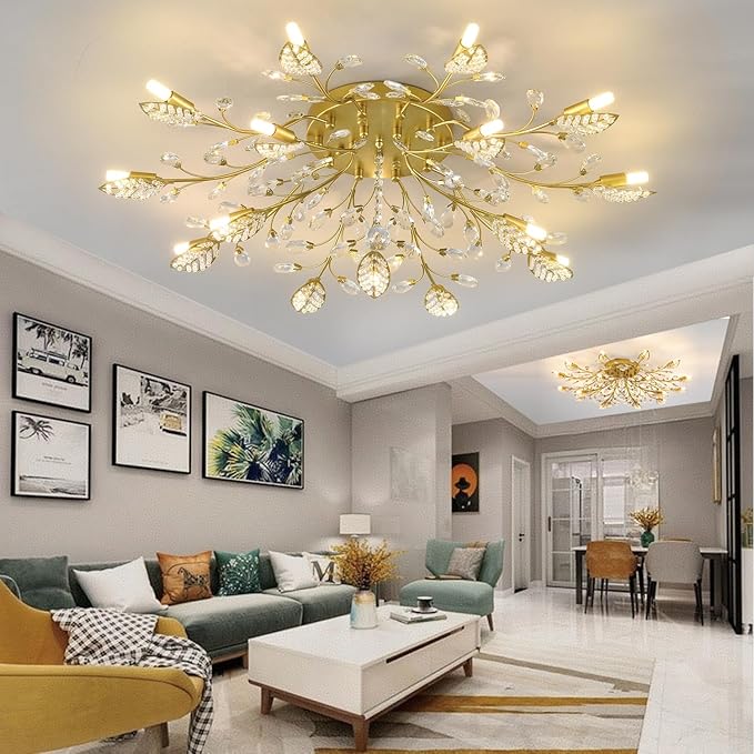 Crystal Ceiling Light Fixture Gold Leaves Semi Flush Mount Ceiling Lights,Kitchen Lighting Fixtures Ceiling for Bedroom Living Room Dining Room Hallway