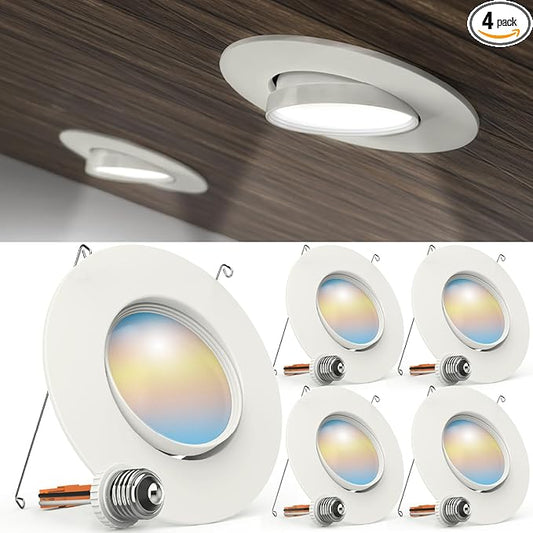 Sunco 5/6 Inch LED Can Lights Retrofit Recessed Lighting, Gimbal Downlight Adjustable, 800 LM, 12W=60W, Selectable CCT 2700K/3000K/3500K/4000K/5000K, Dimmable, Damp Rated UL 4 Pack