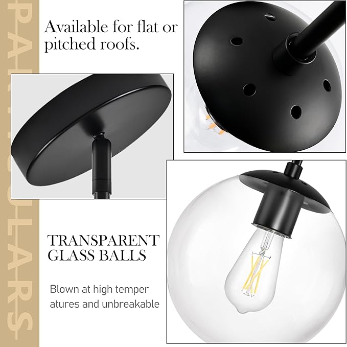 Bagood 10" Globe Pendant Light Black 2 Pack Mid Century Pendant Light Globe Pendant Lights Kitchen Island Matte Black Finished with Clear Glass Adjustable Ceiling Light Fixtures for Dining Room Bar