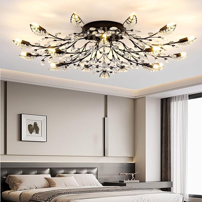 Crystal Ceiling Light Fixture Semi Flush Mount Ceiling Light Fixture Black Leaves Chandeliers Lighting for Bedroom Living Room Dining Room Kitchen Hallway Foyer