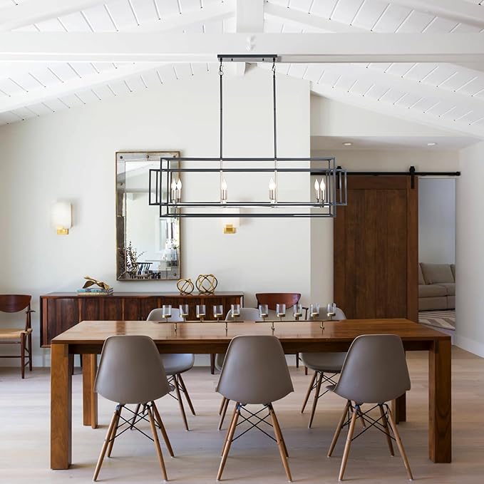 8-Light Kitchen Island Lighting, Black and Sliver Rectangle Chandeliers for Dining Room, Metal Farmhouse Dining Room Light Fixtures Over Table, Linear Chandelier with Brushed Nickel Socket