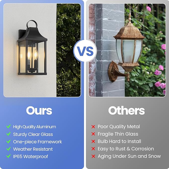 Outdoor Wall Sconces Set of 2, 15‘’ Black Outside Wall Mounted Light Fixture, Exterior Farmhouse Wall Sconce Lantern 2-Light, Modern Porch Lighting Exterior Lamp for House, 2 Pack
