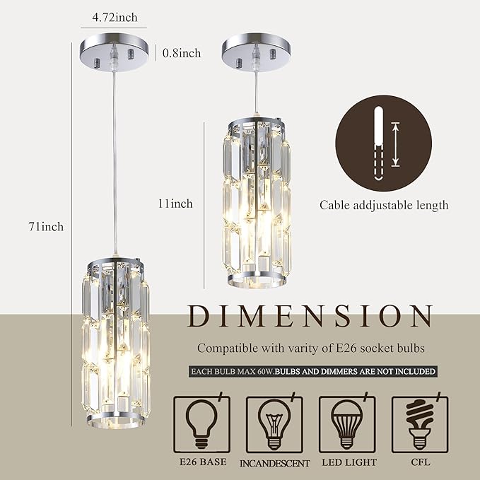 Pendant Lights Kitchen Island Modern Chrome Pendant Light Fixtures, Island Pendant Lights for Kitchen, mini pendant lights Crystal, Adjustable Hanging Lights Fixture for Dinning Room (Chrome 3-Pack)