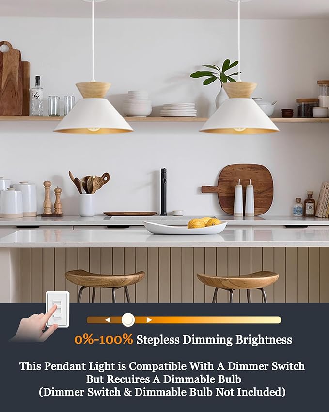 ELYONA 3 Pack Modern Pendant Light Fixtures Solid Wood Ceiling Hanging Lamp Matte White Metal & Gold Inner Finish Nordic Pendant Light for Farmhouse Kitchen Island Dining Room Bedroom Living Room