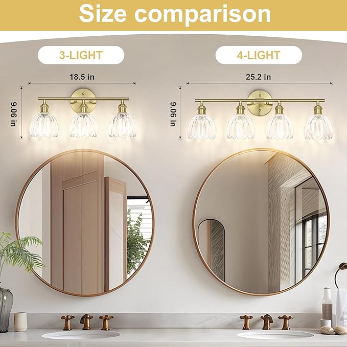 Vintage Bathroom Light Fixtures,4-Light Hardwired Vanity Lights with Clear Tulip Glass Shade,Gold Bathroom Vanity Light for Mirror Restroom,E26 Socket,25.2 in(Bulbs Not Included)