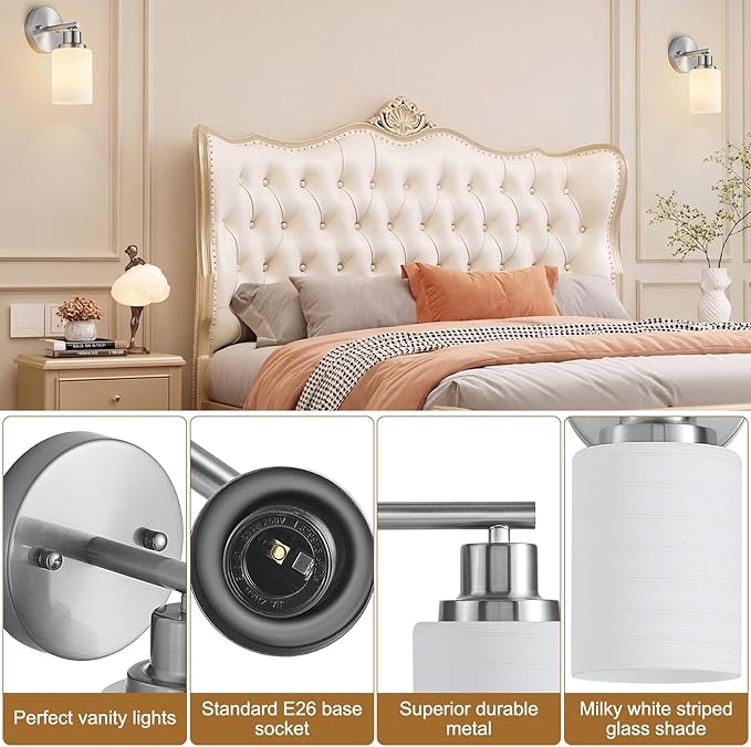 2-Pack 1-Light Vanity Lights, Brushed Nickel Bathroom Light Fixture with Textured Milky White Glass Shade, E26 Modern Vanity Lighting Fixture for Bathroom Wall Sconce