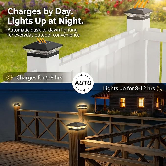 T-SUN 12 Pack Solar Post Cap Lights 4x4 5x5 6x6, Outdoor Waterproof Solar Deck & Fence Post Lights, Warm White/Cool White for Wood & Vinyl Posts, Fence, Deck, Gate & Porch