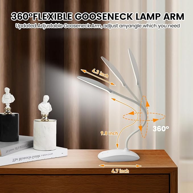 Battery Powered Desk Lamp, Portable Lamps Rechargeable 3 Color Modes Touch Control Stepless Dimming, Wireless Desk Lamp with 2000mAh, Small LED Table Light for Dorm Study Office Bedroom,White