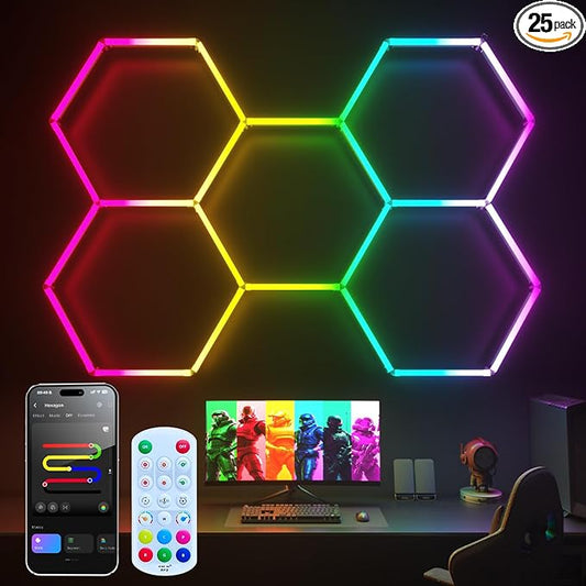 RGB Hexagon Garage Lights, Music Sync LED Hexagon Lights for Gaming Room, Smart App & Remote Control, DIY Honeycomb Ceiling Light for Studio Gym Basement Deco