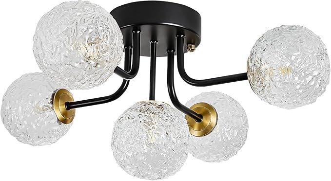 Semi Flush Mount Ceiling Light Black 5-Lights Sputnik Ceiling Light Mid Century Modern Clear Glass Globe Close to Ceiling Light for Bedroom Kitchen Entryway Closet