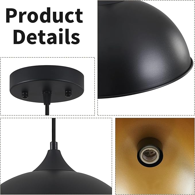 Pendant Lighting for Kitchen Island, 2 Pack 12" Dome Pendant Light Fixtures with Black and Gold Finish Farmhouse Industrial Hanging Pendant Light for Dining Room Restaurant Cafe Entryway