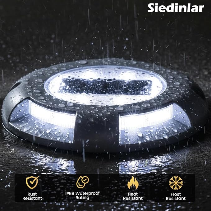 SIEDiNLAR Solar Deck Lights Driveway Dock LED Light Solar Powered Outdoor Waterproof Road Markers for Step Sidewalk Stair Garden Ground Pathway Yard 4 Pack (White)