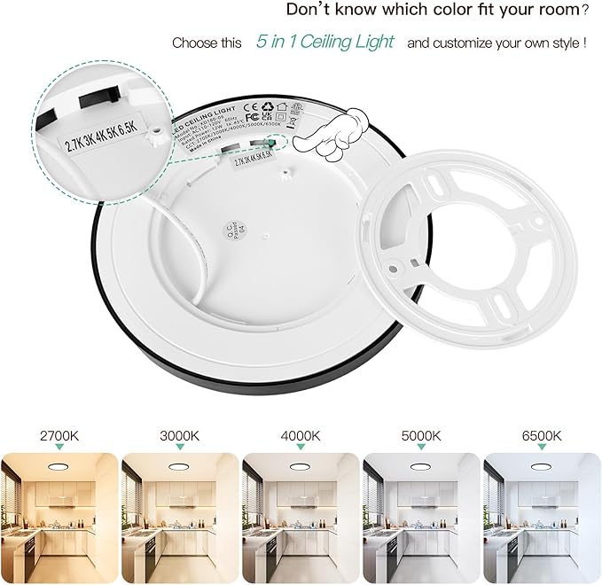 Brightever Black Flush Mount Ceiling Light, 7 Inch 12W, Super Slim 0.67 Inch 1200LM LED Ceiling Light Fixtures, Dimmable & 2700K/3000K/4000K/5000K/6500K 5 Color in One Ceiling Lamp for Closet, 2 Packs