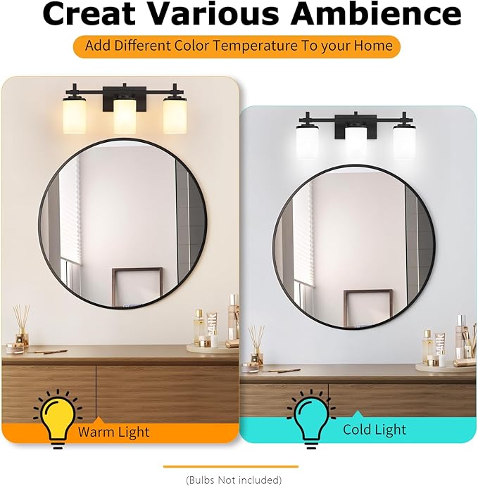 3-Lights Black Vanity Lights for Bathroom with White Square Frosted Glass Shades, Modern Eye-Friendly Bathroom Light Fixtures Over Mirror, Bath Wall Lighting for Bedroom Living Room Cabinet