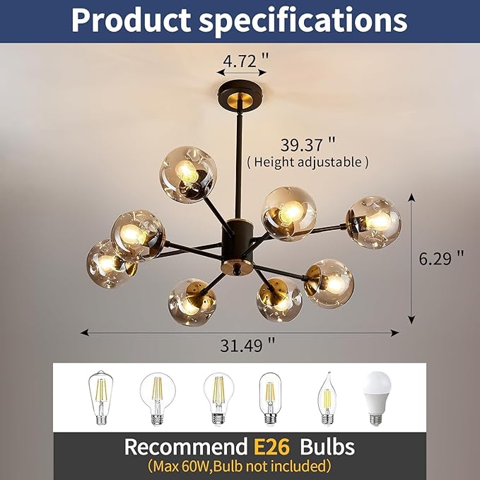 8-Light Sputnik Chandelier with Glass Globe Black and Gold Dinning Light Fixture Modern Mid Century Ceiling Light for Lliving Room Master Bedroom Kitchen